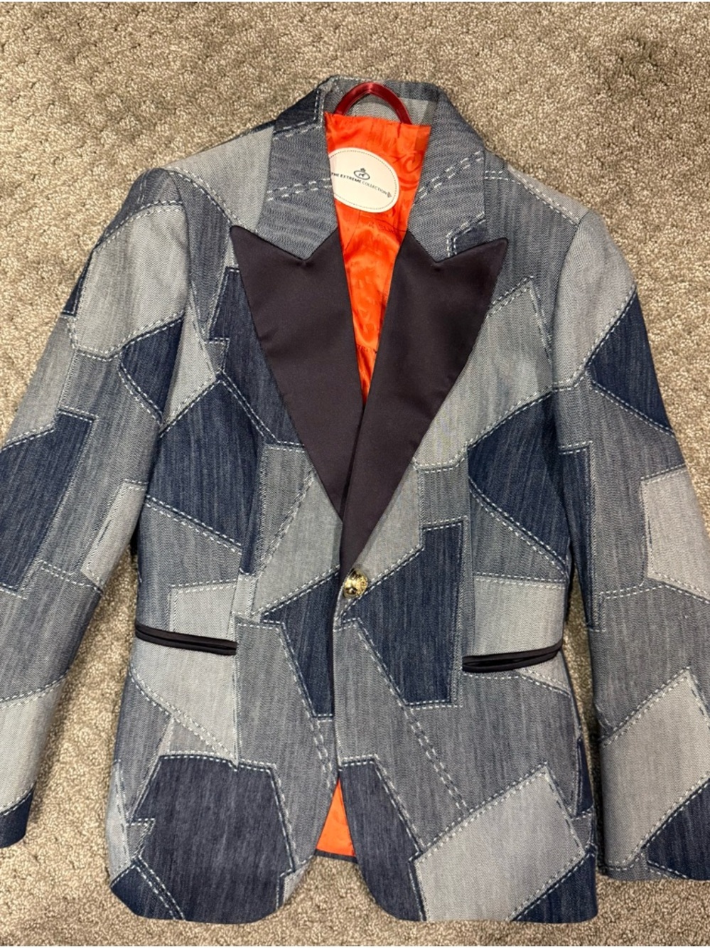 Ronald van der Kemp Patchwork Denim Blazer in Blue with Black Satin Lapel